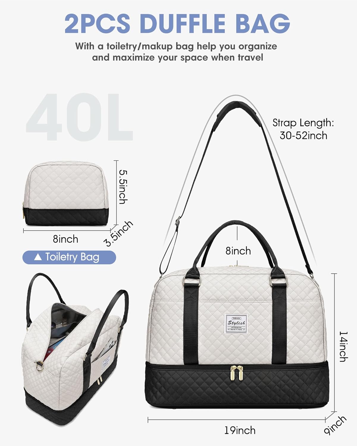 Women Weekender Travel Duffle Bag: Large Overnight Bags with Shoe Compartment Carry on Bags with Toiletry Bag Weekend Yoga Gym Bag with Wet Pocket Travel Duffel Tote Bag Hospital Bag Black