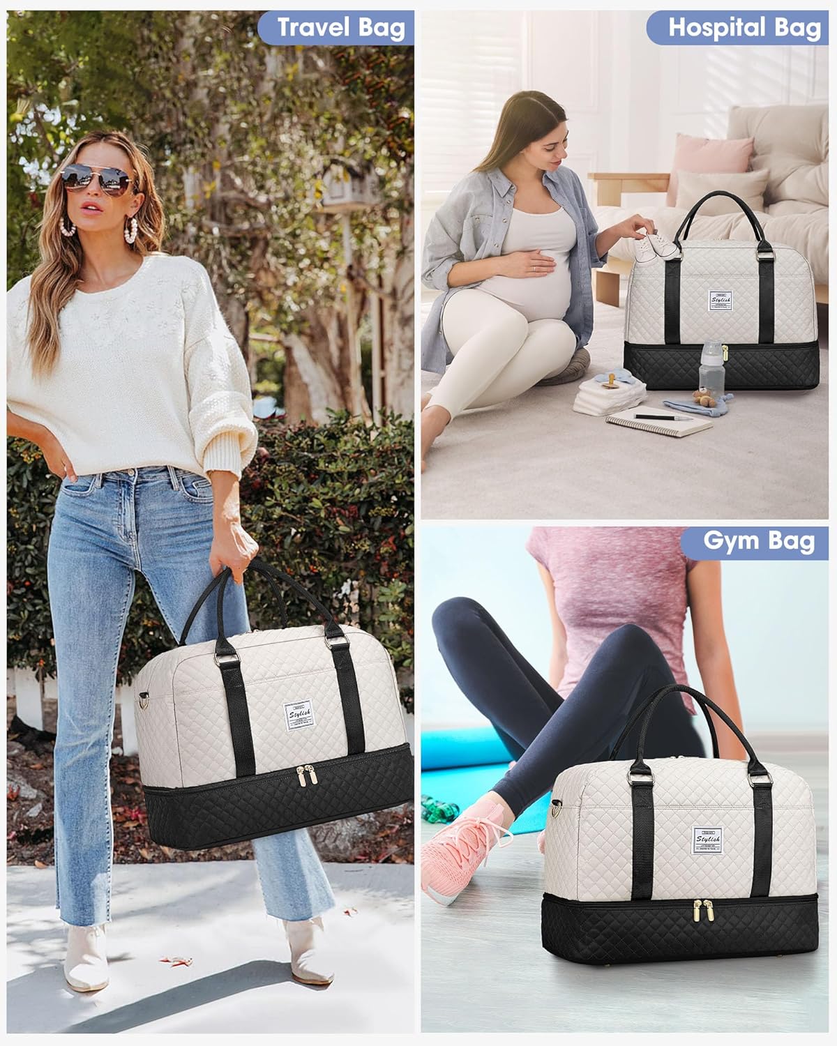 Women Weekender Travel Duffle Bag: Large Overnight Bags with Shoe Compartment Carry on Bags with Toiletry Bag Weekend Yoga Gym Bag with Wet Pocket Travel Duffel Tote Bag Hospital Bag Black