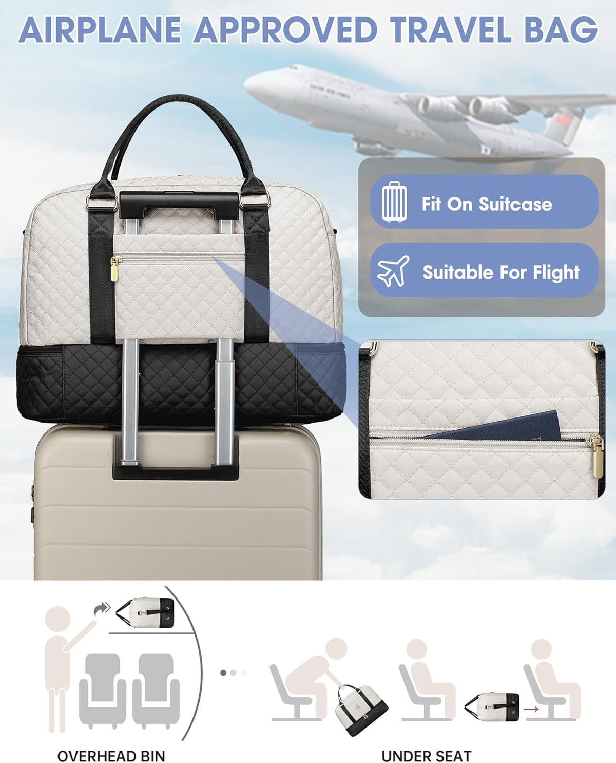 Women Weekender Travel Duffle Bag: Large Overnight Bags with Shoe Compartment Carry on Bags with Toiletry Bag Weekend Yoga Gym Bag with Wet Pocket Travel Duffel Tote Bag Hospital Bag Black