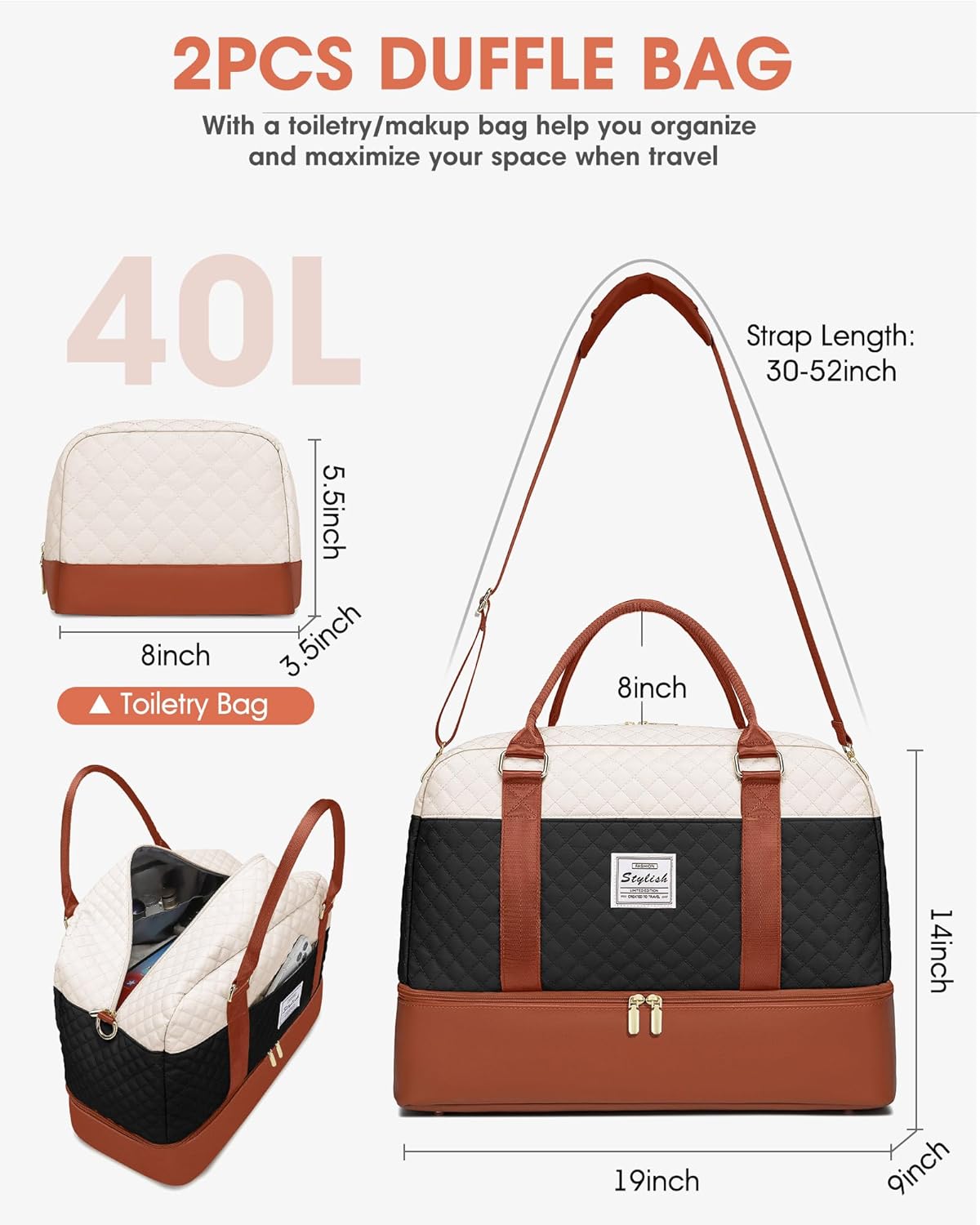 Women Weekender Travel Duffle Bag: Large Overnight Bags with Shoe Compartment Carry on Bags with Toiletry Bag Weekend Yoga Gym Bag with Wet Pocket Travel Duffel Tote Bag Hospital Bag Black