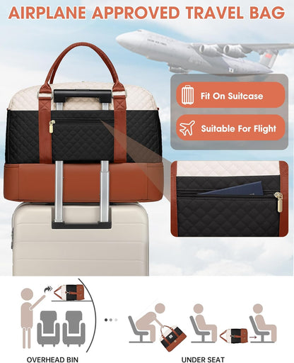 Women Weekender Travel Duffle Bag: Large Overnight Bags with Shoe Compartment Carry on Bags with Toiletry Bag Weekend Yoga Gym Bag with Wet Pocket Travel Duffel Tote Bag Hospital Bag Black