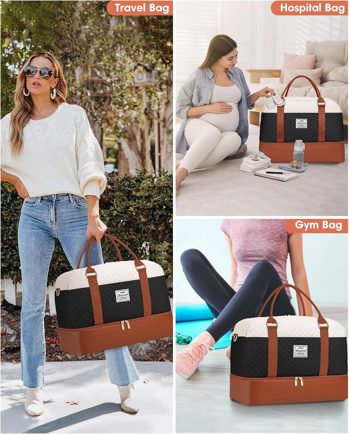 Women Weekender Travel Duffle Bag: Large Overnight Bags with Shoe Compartment Carry on Bags with Toiletry Bag Weekend Yoga Gym Bag with Wet Pocket Travel Duffel Tote Bag Hospital Bag Black