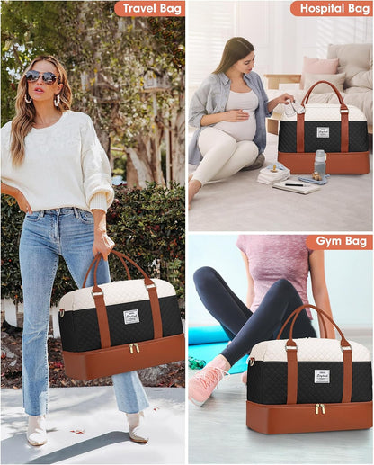 Women Weekender Travel Duffle Bag: Large Overnight Bags with Shoe Compartment Carry on Bags with Toiletry Bag Weekend Yoga Gym Bag with Wet Pocket Travel Duffel Tote Bag Hospital Bag Black