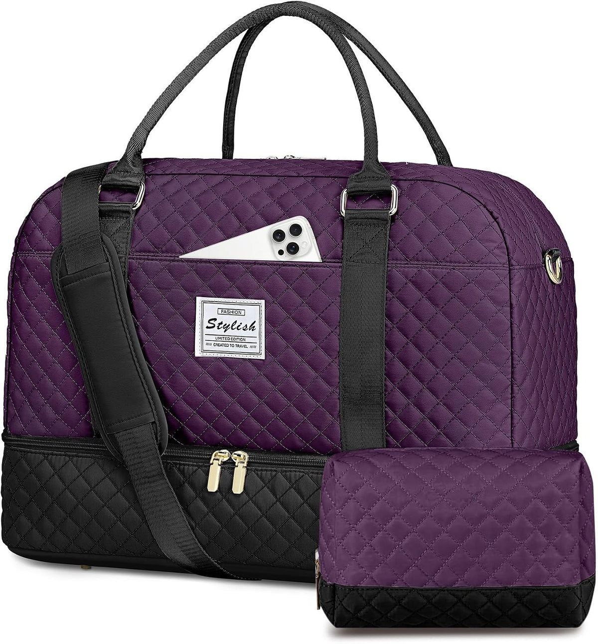 Women Weekender Travel Duffle Bag: Large Overnight Bags with Shoe Compartment Carry on Bags with Toiletry Bag Weekend Yoga Gym Bag with Wet Pocket Travel Duffel Tote Bag Hospital Bag Black