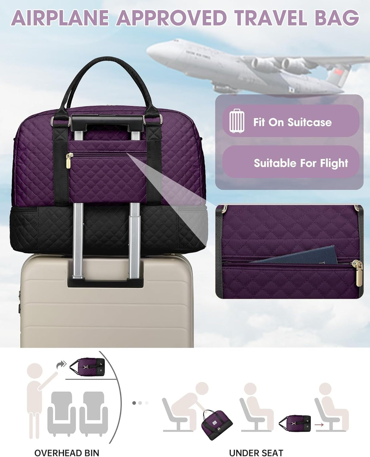 Women Weekender Travel Duffle Bag: Large Overnight Bags with Shoe Compartment Carry on Bags with Toiletry Bag Weekend Yoga Gym Bag with Wet Pocket Travel Duffel Tote Bag Hospital Bag Black