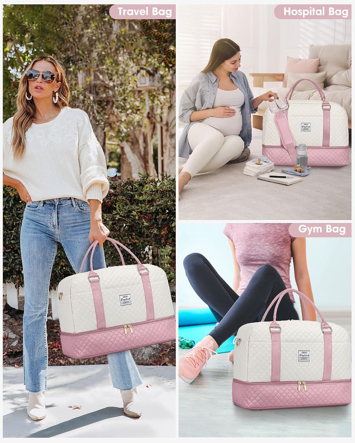 Women Weekender Travel Duffle Bag: Large Overnight Bags with Shoe Compartment Carry on Bags with Toiletry Bag Weekend Yoga Gym Bag with Wet Pocket Travel Duffel Tote Bag Hospital Bag Black