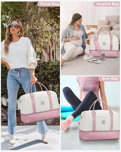 Women Weekender Travel Duffle Bag: Large Overnight Bags with Shoe Compartment Carry on Bags with Toiletry Bag Weekend Yoga Gym Bag with Wet Pocket Travel Duffel Tote Bag Hospital Bag Black