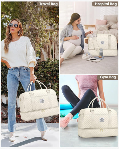 Women Weekender Travel Duffle Bag: Large Overnight Bags with Shoe Compartment Carry on Bags with Toiletry Bag Weekend Yoga Gym Bag with Wet Pocket Travel Duffel Tote Bag Hospital Bag Black