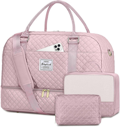 Women Weekender Travel Duffle Bag: Large Overnight Bags with Shoe Compartment Carry on Bags with Toiletry Bag Weekend Yoga Gym Bag with Wet Pocket Travel Duffel Tote Bag Hospital Bag Black