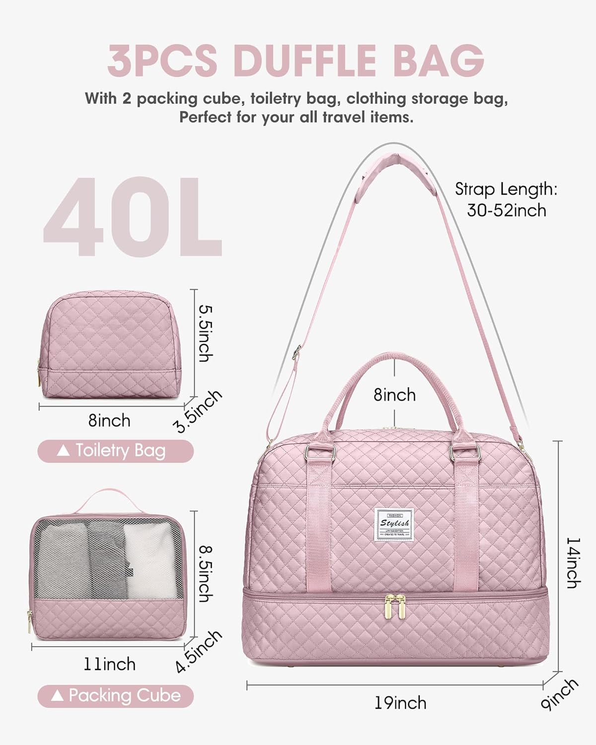 Women Weekender Travel Duffle Bag: Large Overnight Bags with Shoe Compartment Carry on Bags with Toiletry Bag Weekend Yoga Gym Bag with Wet Pocket Travel Duffel Tote Bag Hospital Bag Black