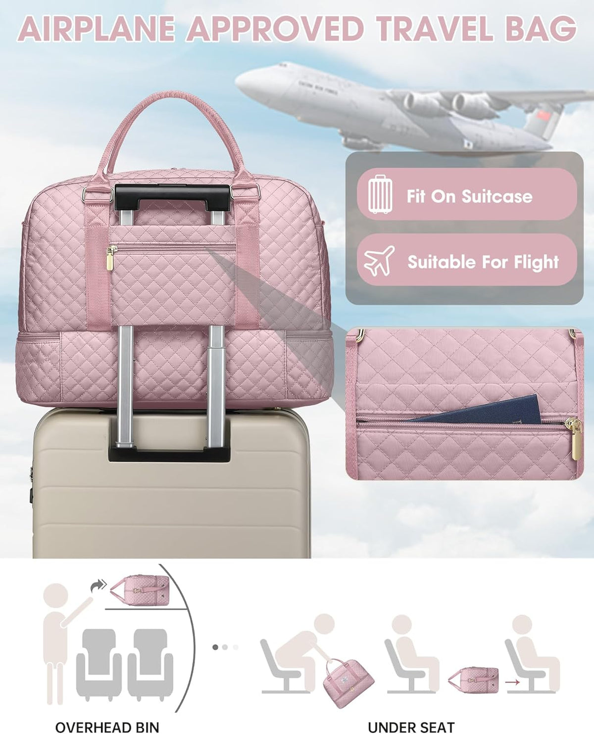 Women Weekender Travel Duffle Bag: Large Overnight Bags with Shoe Compartment Carry on Bags with Toiletry Bag Weekend Yoga Gym Bag with Wet Pocket Travel Duffel Tote Bag Hospital Bag Black
