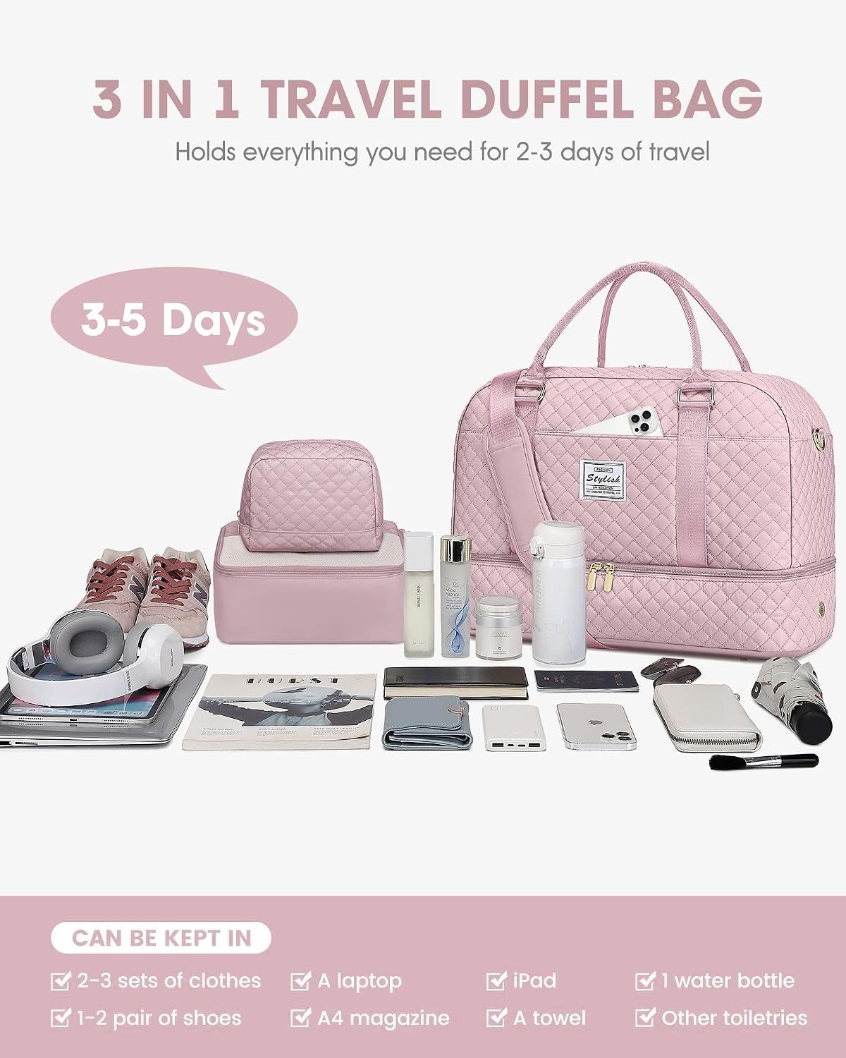 Women Weekender Travel Duffle Bag: Large Overnight Bags with Shoe Compartment Carry on Bags with Toiletry Bag Weekend Yoga Gym Bag with Wet Pocket Travel Duffel Tote Bag Hospital Bag Black