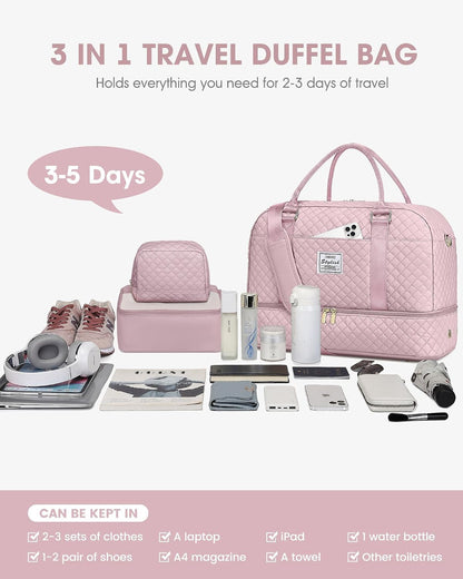 Women Weekender Travel Duffle Bag: Large Overnight Bags with Shoe Compartment Carry on Bags with Toiletry Bag Weekend Yoga Gym Bag with Wet Pocket Travel Duffel Tote Bag Hospital Bag Black