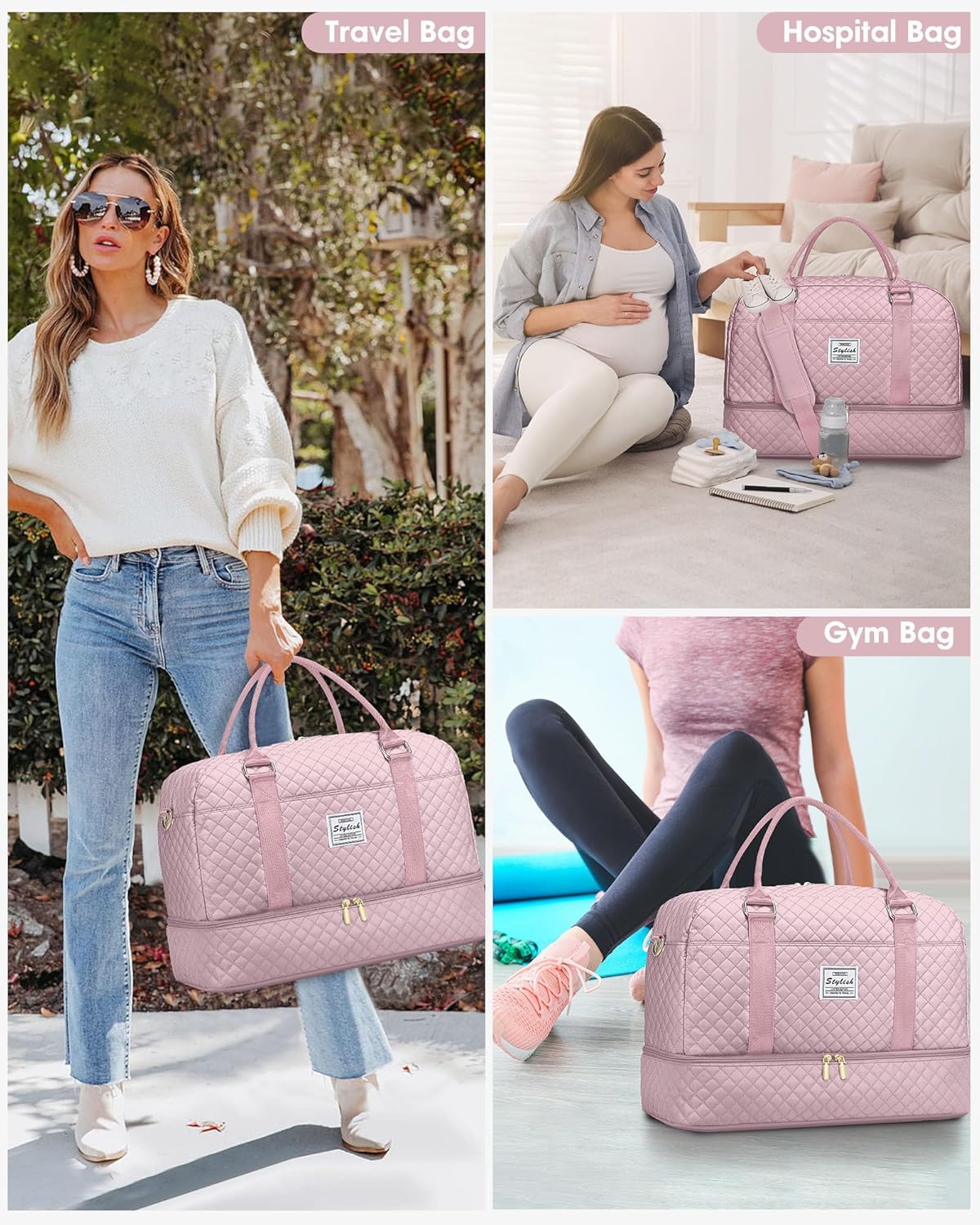Women Weekender Travel Duffle Bag: Large Overnight Bags with Shoe Compartment Carry on Bags with Toiletry Bag Weekend Yoga Gym Bag with Wet Pocket Travel Duffel Tote Bag Hospital Bag Black