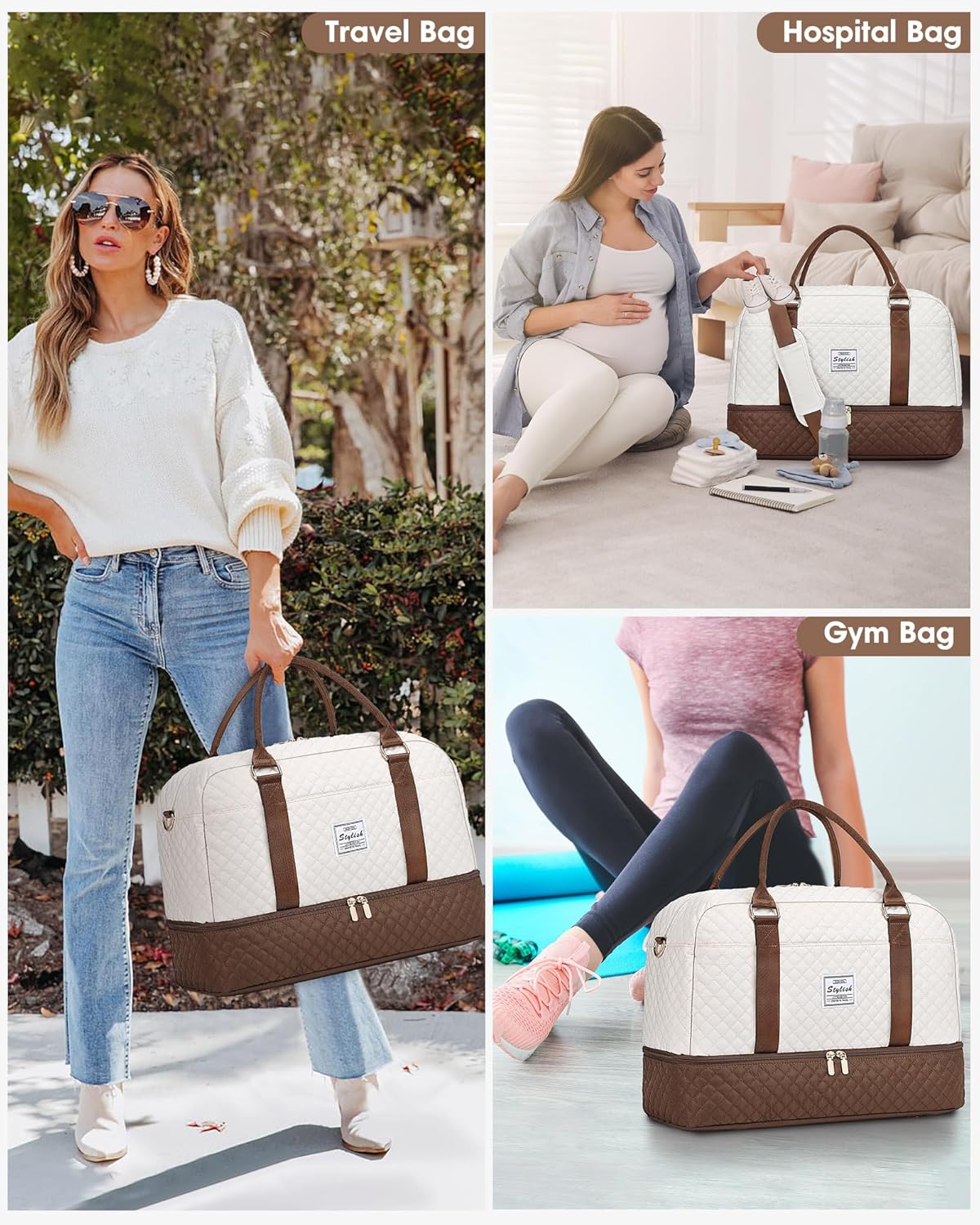 Women Weekender Travel Duffle Bag: Large Overnight Bags with Shoe Compartment Carry on Bags with Toiletry Bag Weekend Yoga Gym Bag with Wet Pocket Travel Duffel Tote Bag Hospital Bag Black