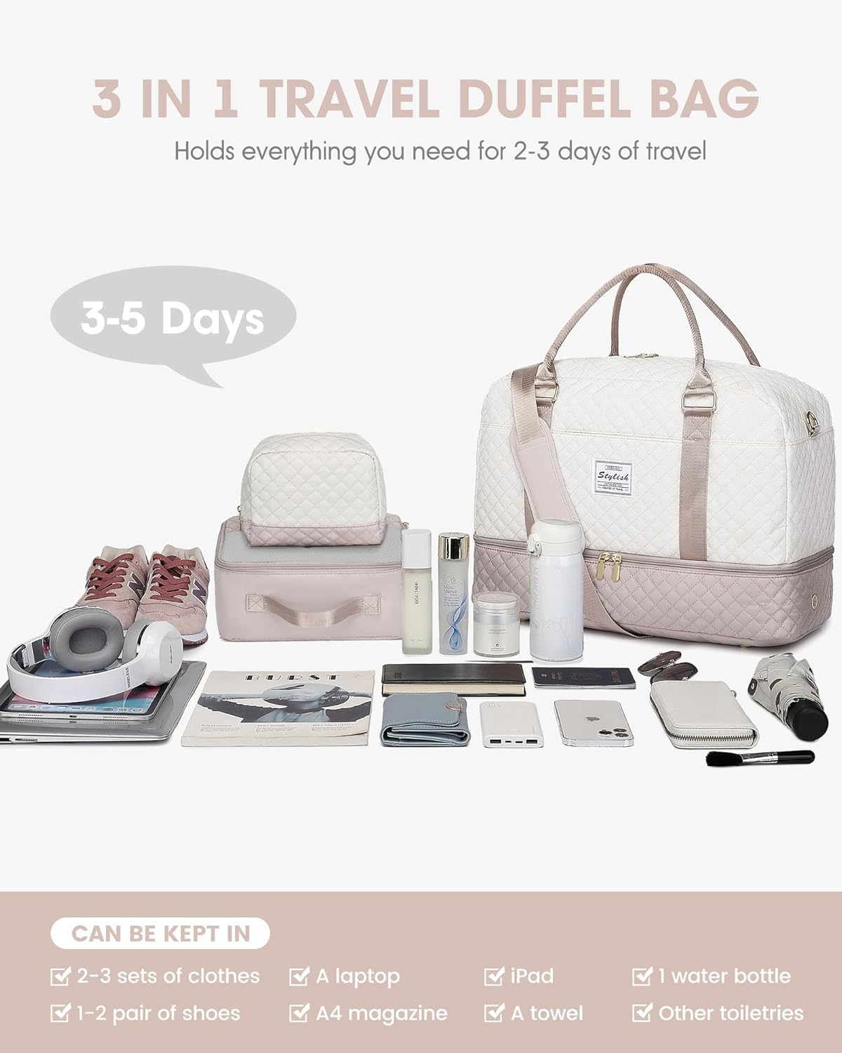 Women Weekender Travel Duffle Bag: Large Overnight Bags with Shoe Compartment Carry on Bags with Toiletry Bag Weekend Yoga Gym Bag with Wet Pocket Travel Duffel Tote Bag Hospital Bag Black