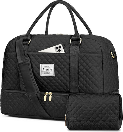 Women Weekender Travel Duffle Bag: Large Overnight Bags with Shoe Compartment Carry on Bags with Toiletry Bag Weekend Yoga Gym Bag with Wet Pocket Travel Duffel Tote Bag Hospital Bag Black