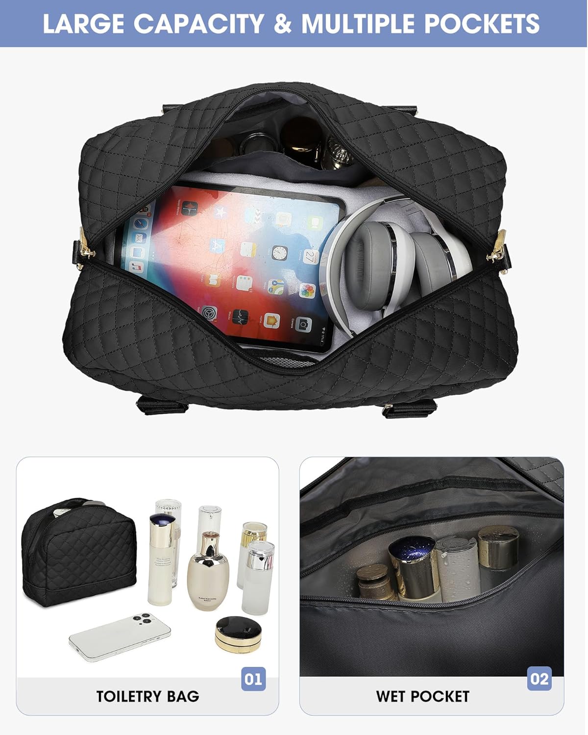 Women Weekender Travel Duffle Bag: Large Overnight Bags with Shoe Compartment Carry on Bags with Toiletry Bag Weekend Yoga Gym Bag with Wet Pocket Travel Duffel Tote Bag Hospital Bag Black