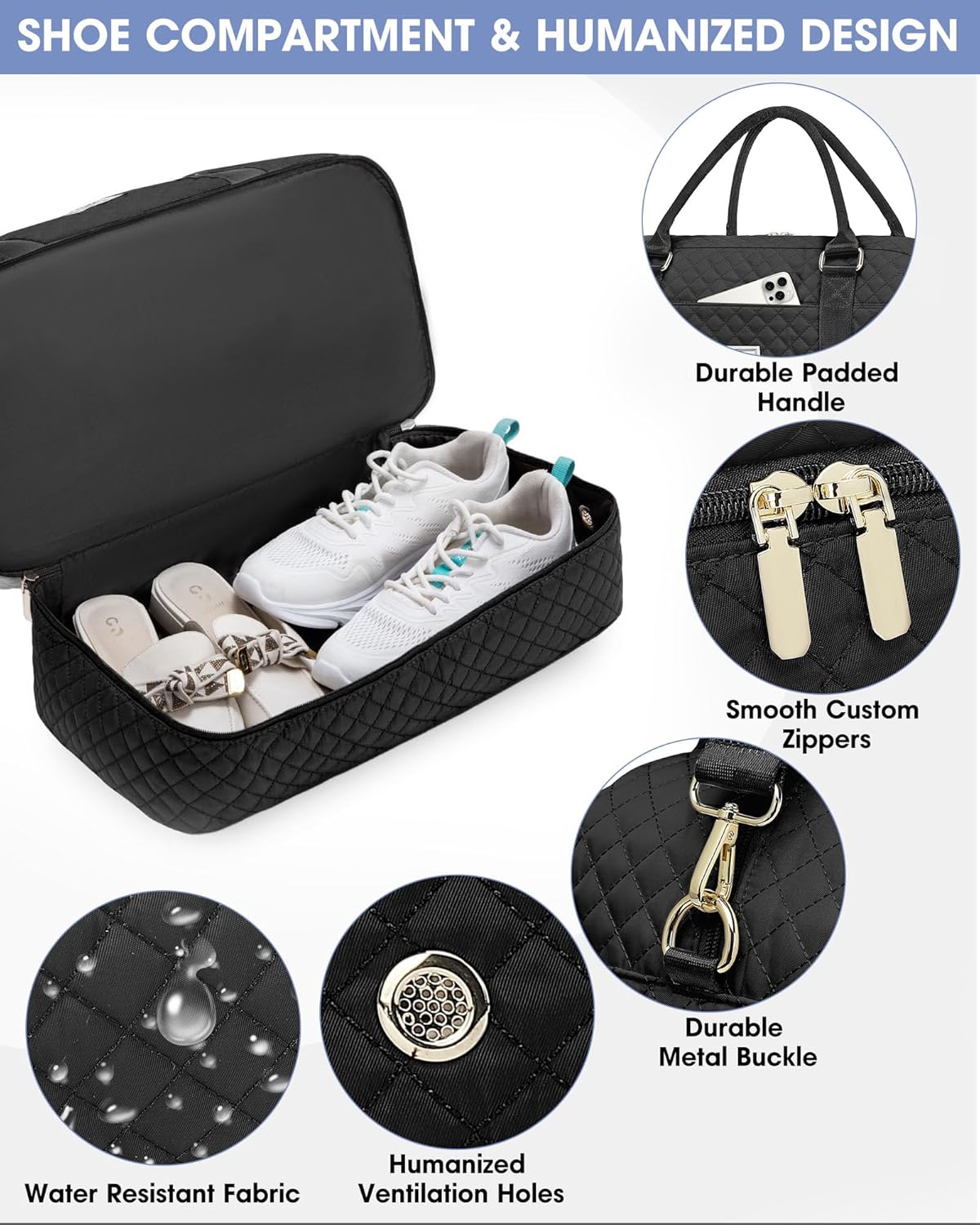 Women Weekender Travel Duffle Bag: Large Overnight Bags with Shoe Compartment Carry on Bags with Toiletry Bag Weekend Yoga Gym Bag with Wet Pocket Travel Duffel Tote Bag Hospital Bag Black