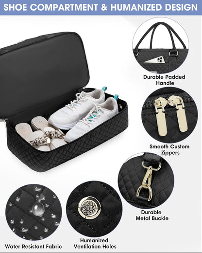 Women Weekender Travel Duffle Bag: Large Overnight Bags with Shoe Compartment Carry on Bags with Toiletry Bag Weekend Yoga Gym Bag with Wet Pocket Travel Duffel Tote Bag Hospital Bag Black