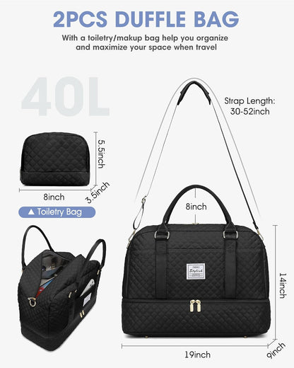 Women Weekender Travel Duffle Bag: Large Overnight Bags with Shoe Compartment Carry on Bags with Toiletry Bag Weekend Yoga Gym Bag with Wet Pocket Travel Duffel Tote Bag Hospital Bag Black