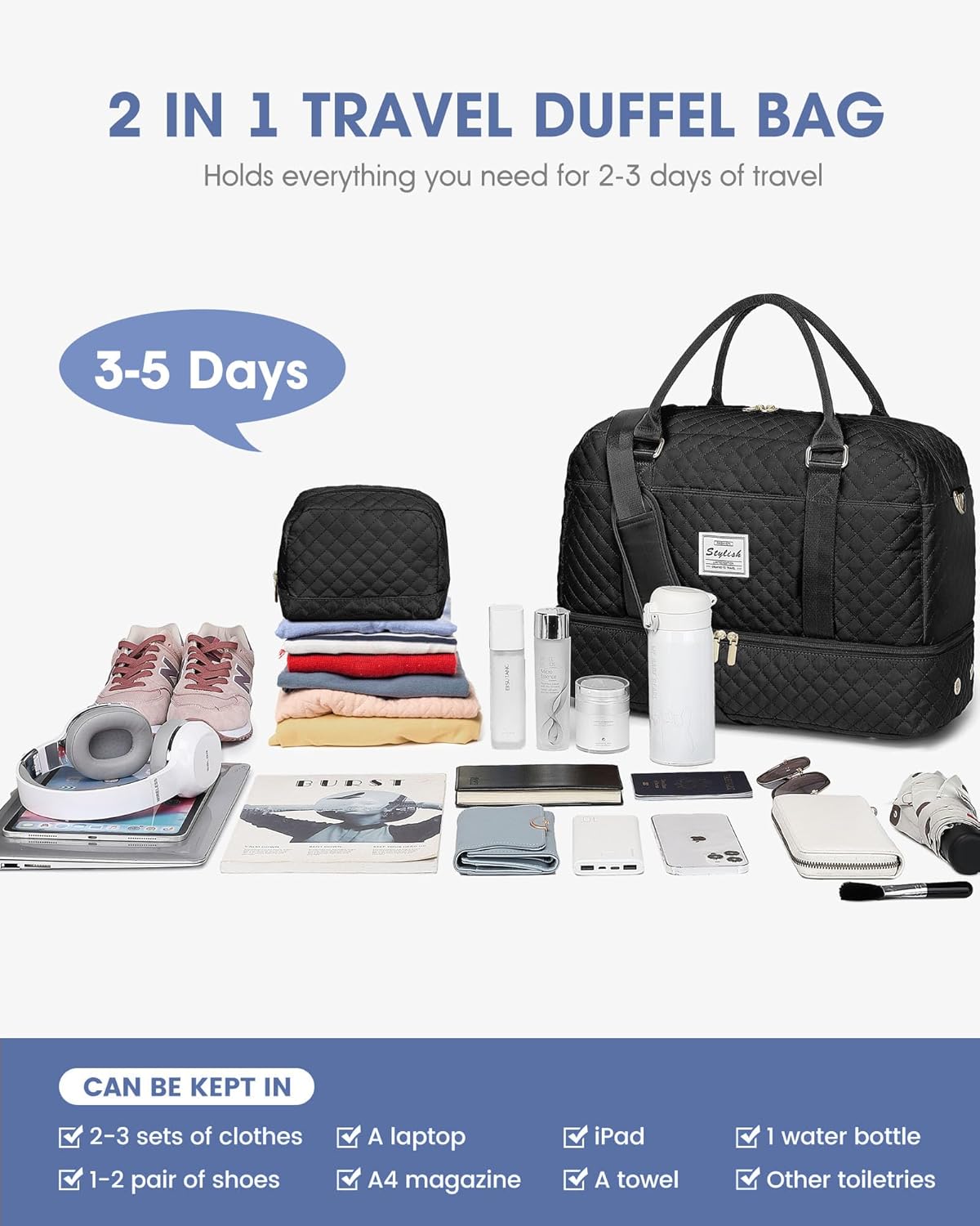 Women Weekender Travel Duffle Bag: Large Overnight Bags with Shoe Compartment Carry on Bags with Toiletry Bag Weekend Yoga Gym Bag with Wet Pocket Travel Duffel Tote Bag Hospital Bag Black