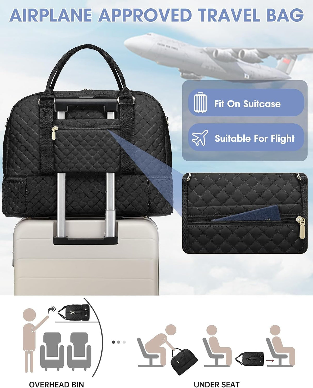 Women Weekender Travel Duffle Bag: Large Overnight Bags with Shoe Compartment Carry on Bags with Toiletry Bag Weekend Yoga Gym Bag with Wet Pocket Travel Duffel Tote Bag Hospital Bag Black