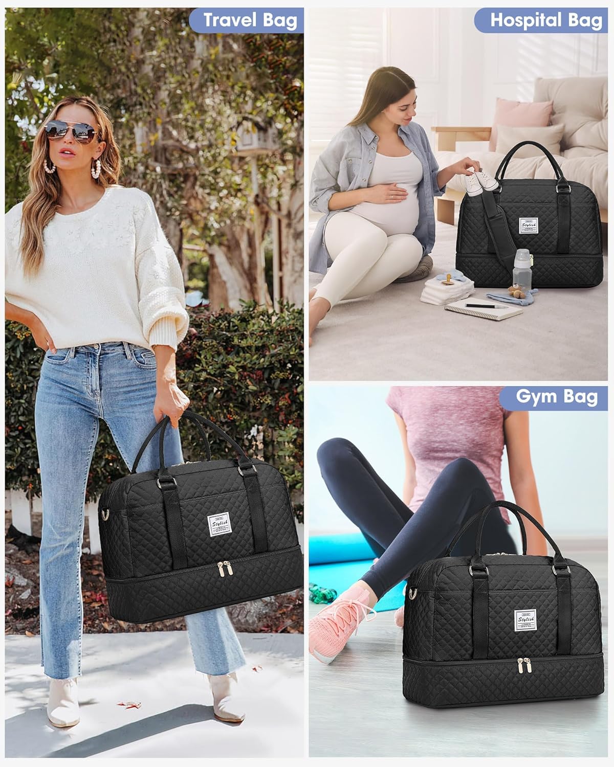 Women Weekender Travel Duffle Bag: Large Overnight Bags with Shoe Compartment Carry on Bags with Toiletry Bag Weekend Yoga Gym Bag with Wet Pocket Travel Duffel Tote Bag Hospital Bag Black
