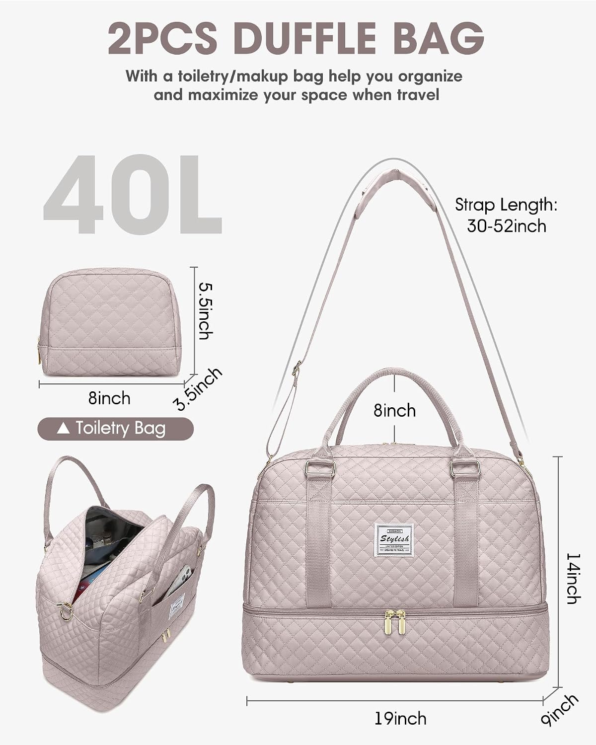 Women Weekender Travel Duffle Bag: Large Overnight Bags with Shoe Compartment Carry on Bags with Toiletry Bag Weekend Yoga Gym Bag with Wet Pocket Travel Duffel Tote Bag Hospital Bag Black