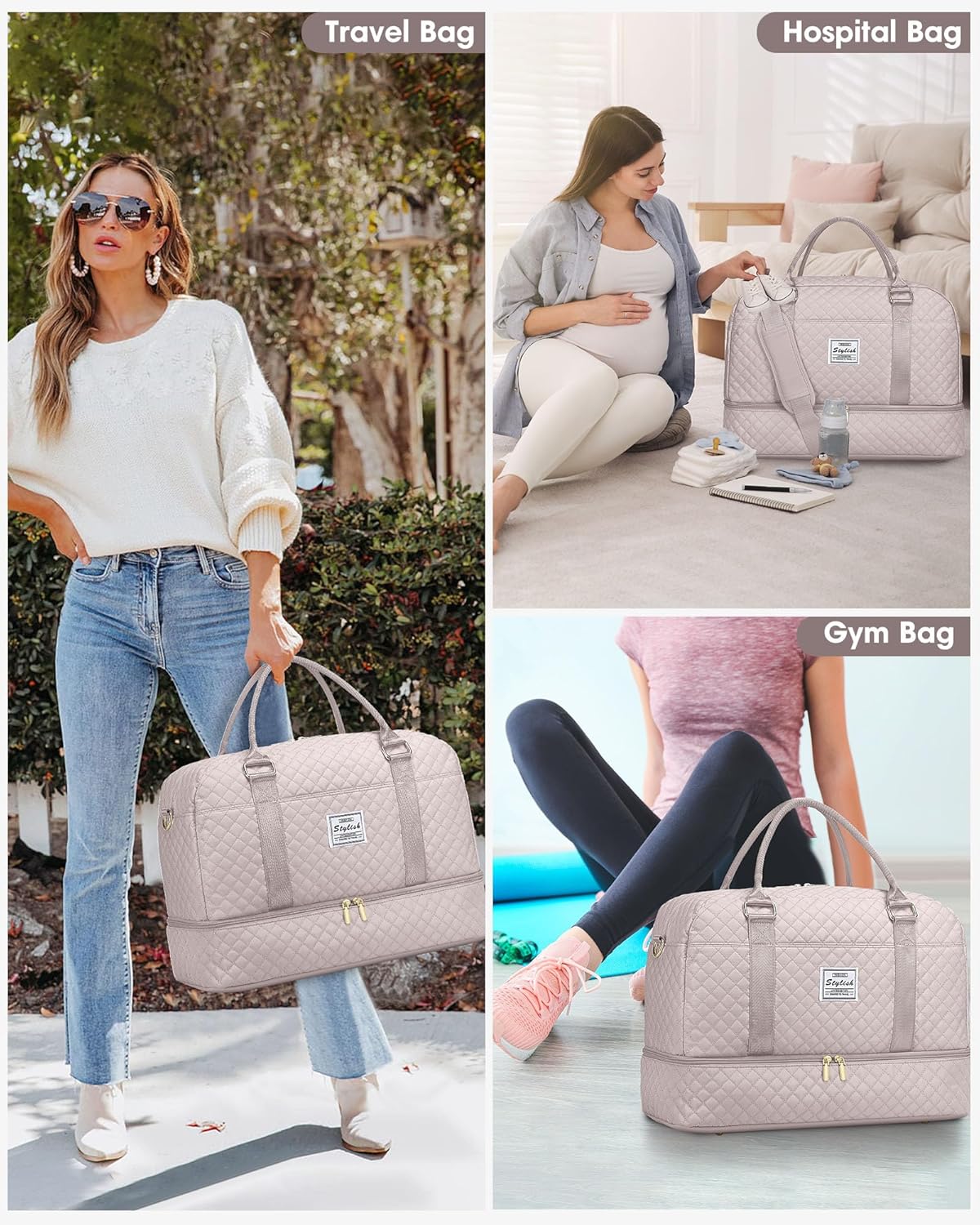 Women Weekender Travel Duffle Bag: Large Overnight Bags with Shoe Compartment Carry on Bags with Toiletry Bag Weekend Yoga Gym Bag with Wet Pocket Travel Duffel Tote Bag Hospital Bag Black
