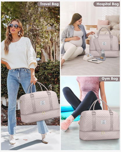 Women Weekender Travel Duffle Bag: Large Overnight Bags with Shoe Compartment Carry on Bags with Toiletry Bag Weekend Yoga Gym Bag with Wet Pocket Travel Duffel Tote Bag Hospital Bag Black