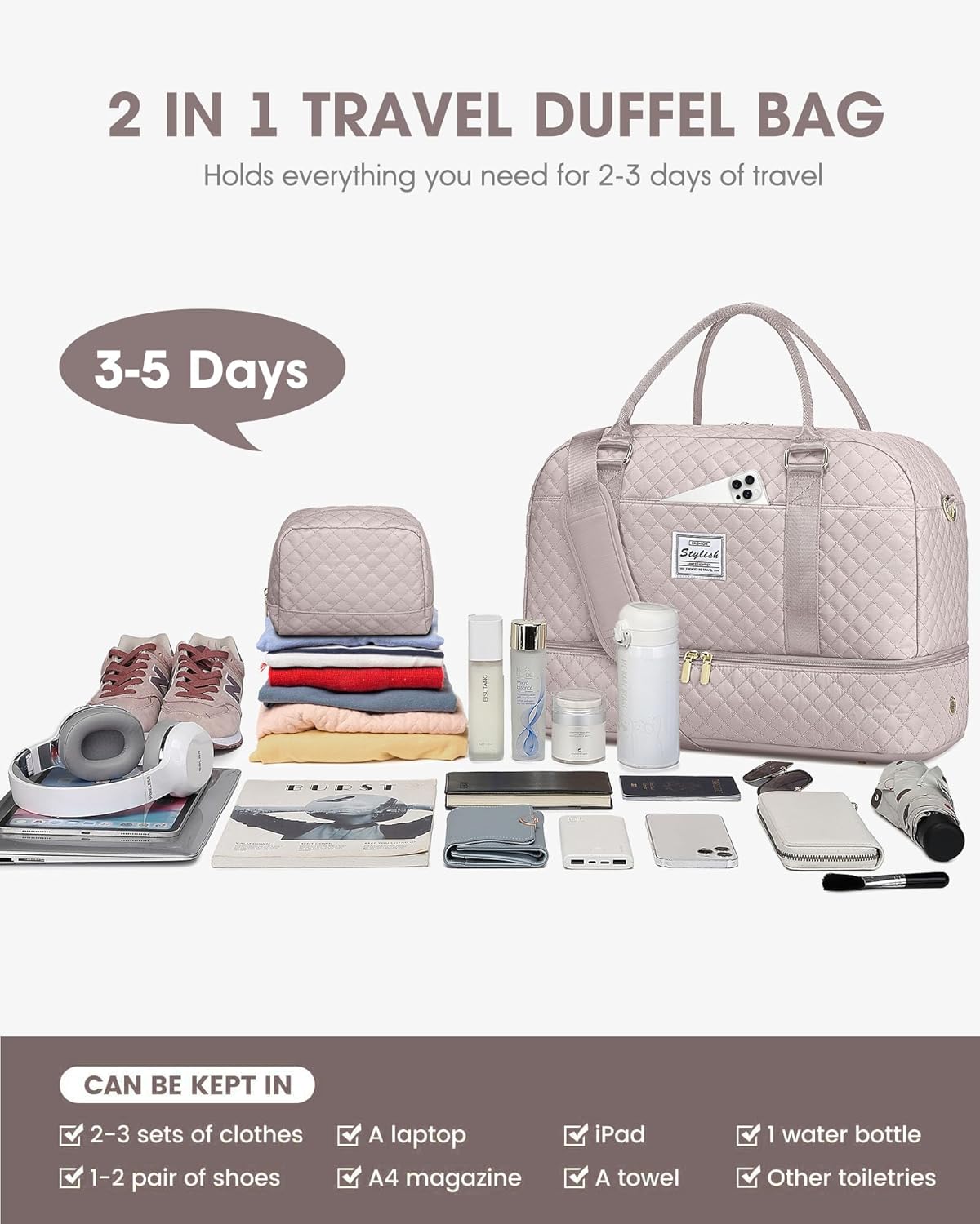 Women Weekender Travel Duffle Bag: Large Overnight Bags with Shoe Compartment Carry on Bags with Toiletry Bag Weekend Yoga Gym Bag with Wet Pocket Travel Duffel Tote Bag Hospital Bag Black