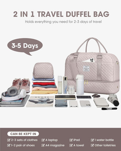 Women Weekender Travel Duffle Bag: Large Overnight Bags with Shoe Compartment Carry on Bags with Toiletry Bag Weekend Yoga Gym Bag with Wet Pocket Travel Duffel Tote Bag Hospital Bag Black