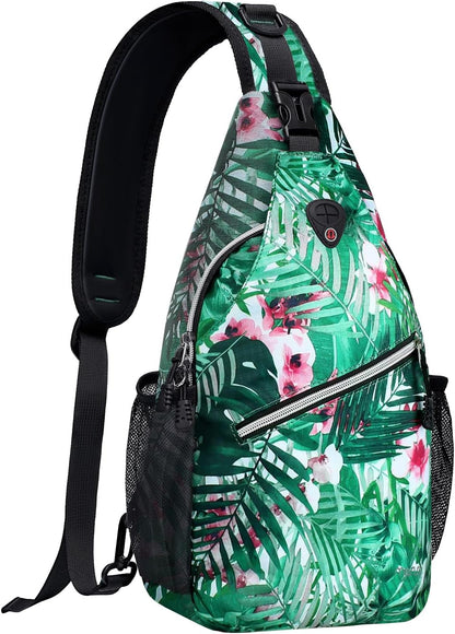 Sling Backpack,Travel Hiking Daypack Pattern Rope Crossbody Shoulder Bag, Palm Leaf Flower