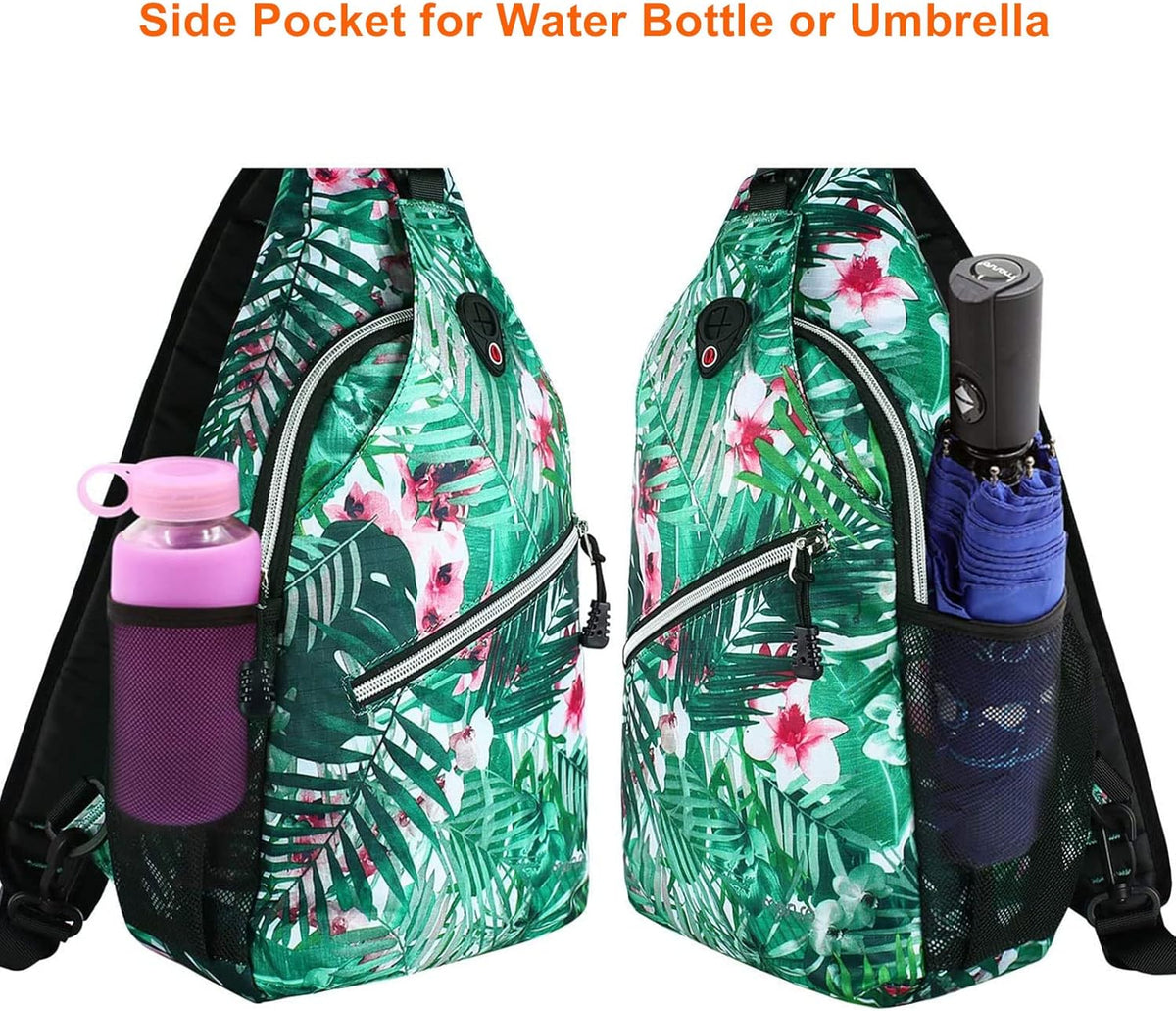 Sling Backpack,Travel Hiking Daypack Pattern Rope Crossbody Shoulder Bag, Palm Leaf Flower