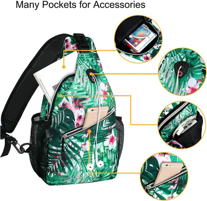 Sling Backpack,Travel Hiking Daypack Pattern Rope Crossbody Shoulder Bag, Palm Leaf Flower
