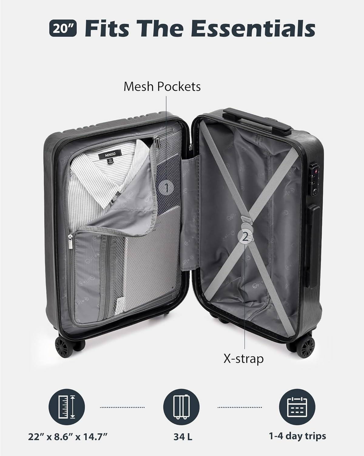 Luggage PC+ABS Hardshell Suitcase with TSA Lock, Spinner Carry On Lightweight (ice blue, S(20in_carry on))