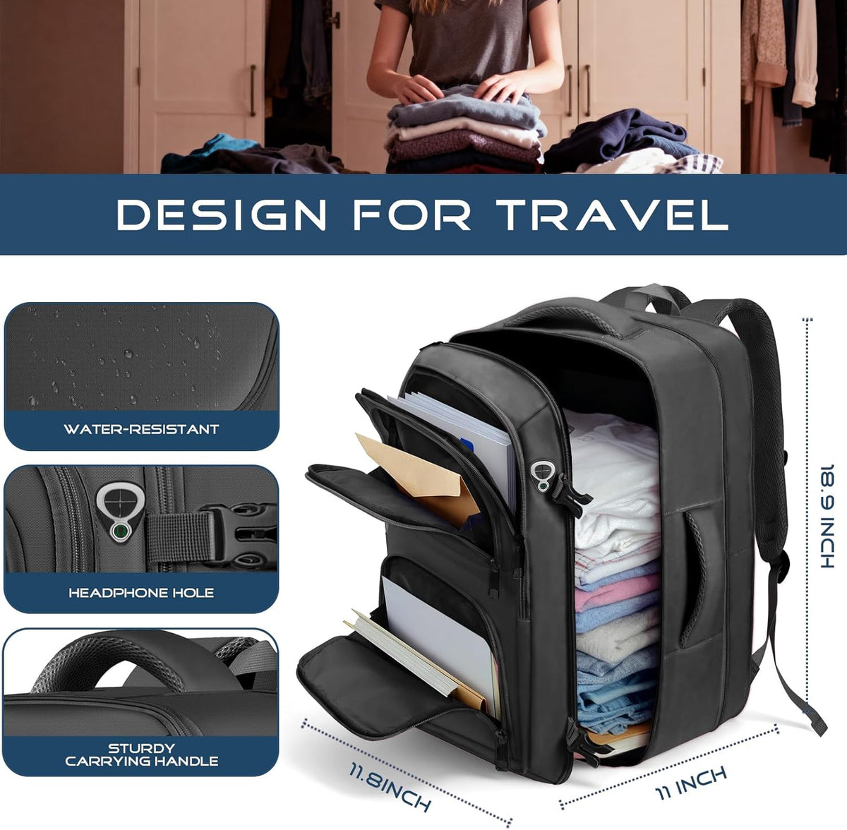 Travel Backpack, Expandable Carry on Backpack for Men, TSA 17.3 inch Laptop Bag Flight Approved, Lightweight Business Luggage Bag, Travel Gifts for Men Women, Black