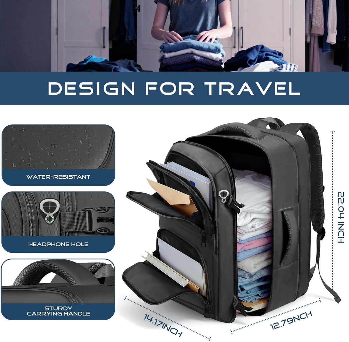 Travel Backpack, Expandable Carry on Backpack for Men, TSA 17.3 inch Laptop Bag Flight Approved, Lightweight Business Luggage Bag, Travel Gifts for Men Women, Black