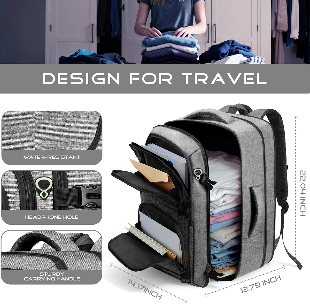 Travel Backpack, Expandable Carry on Backpack for Men, TSA 17.3 inch Laptop Bag Flight Approved, Lightweight Business Luggage Bag, Travel Gifts for Men Women, Black