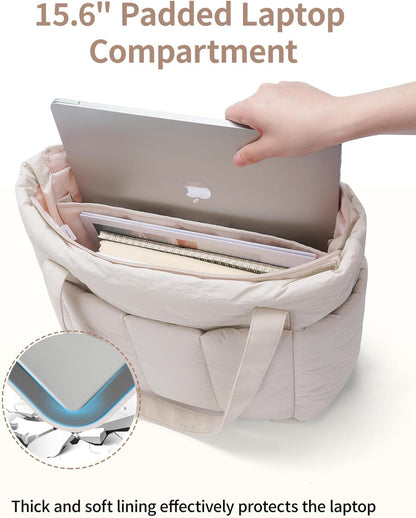 Puffer Tote Bag for Women Work with Laptop Compartment, Puffy Quilted Work Tote Bags for Travel Carry on Teacher Nurse