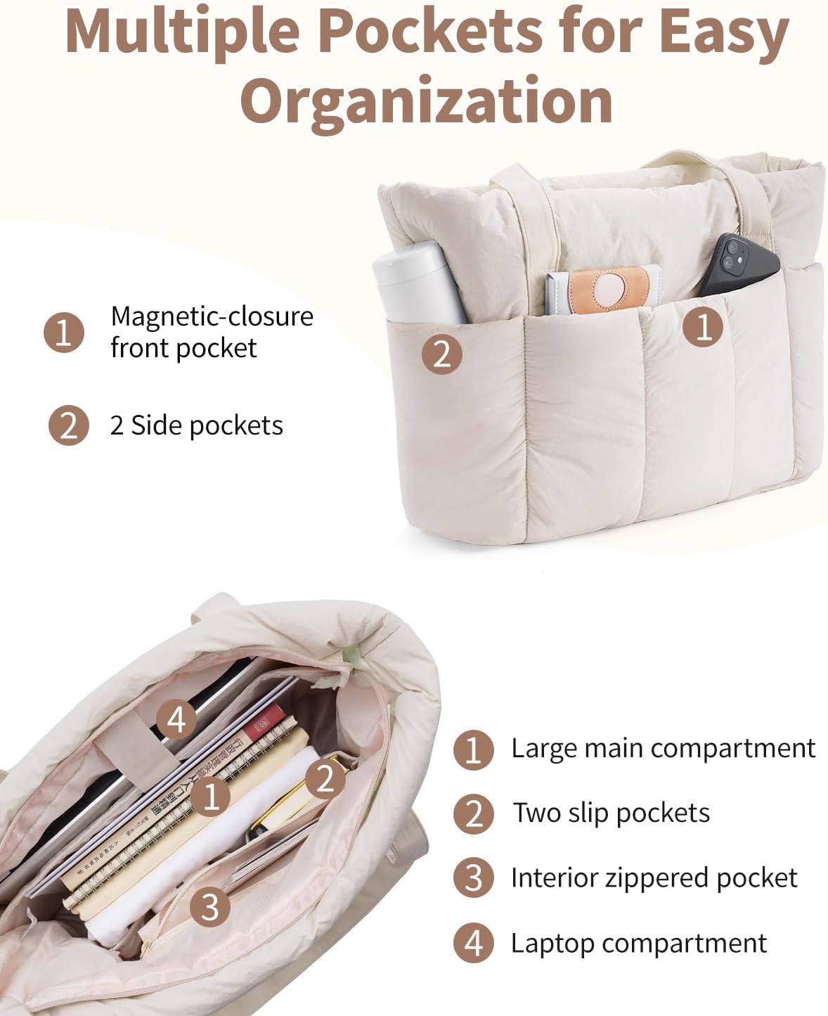 Puffer Tote Bag for Women Work with Laptop Compartment, Puffy Quilted Work Tote Bags for Travel Carry on Teacher Nurse