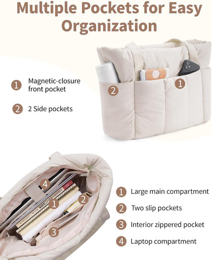 Puffer Tote Bag for Women Work with Laptop Compartment, Puffy Quilted Work Tote Bags for Travel Carry on Teacher Nurse