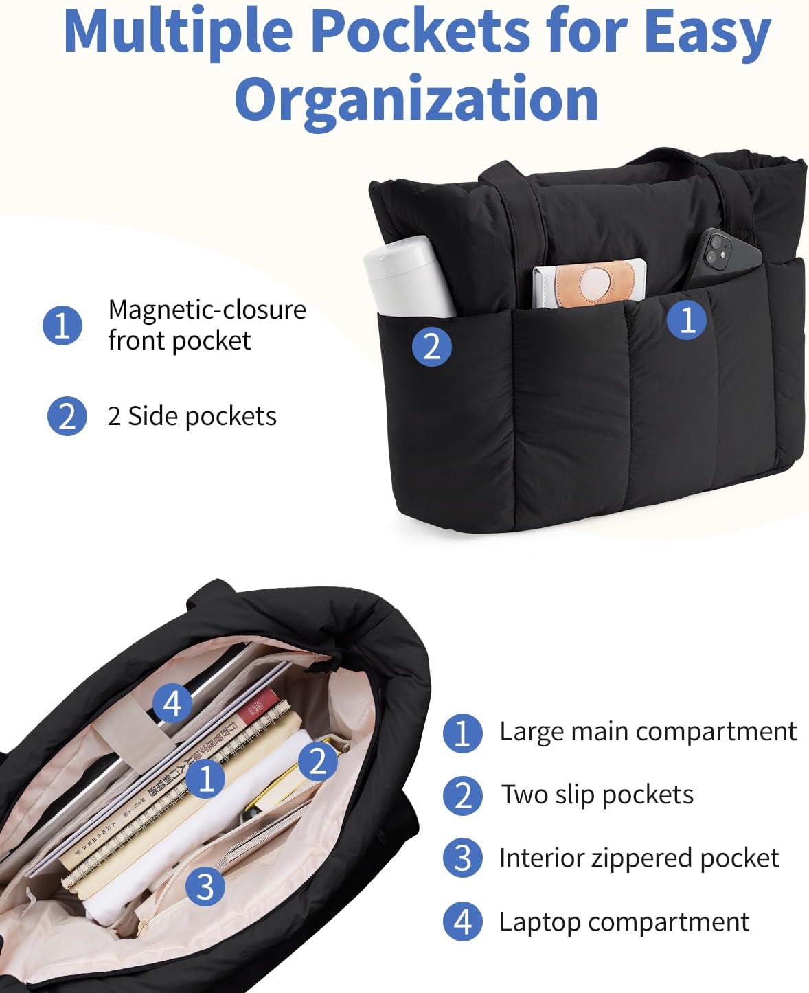 Puffer Tote Bag for Women Work with Laptop Compartment, Puffy Quilted Work Tote Bags for Travel Carry on Teacher Nurse