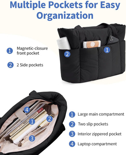 Puffer Tote Bag for Women Work with Laptop Compartment, Puffy Quilted Work Tote Bags for Travel Carry on Teacher Nurse