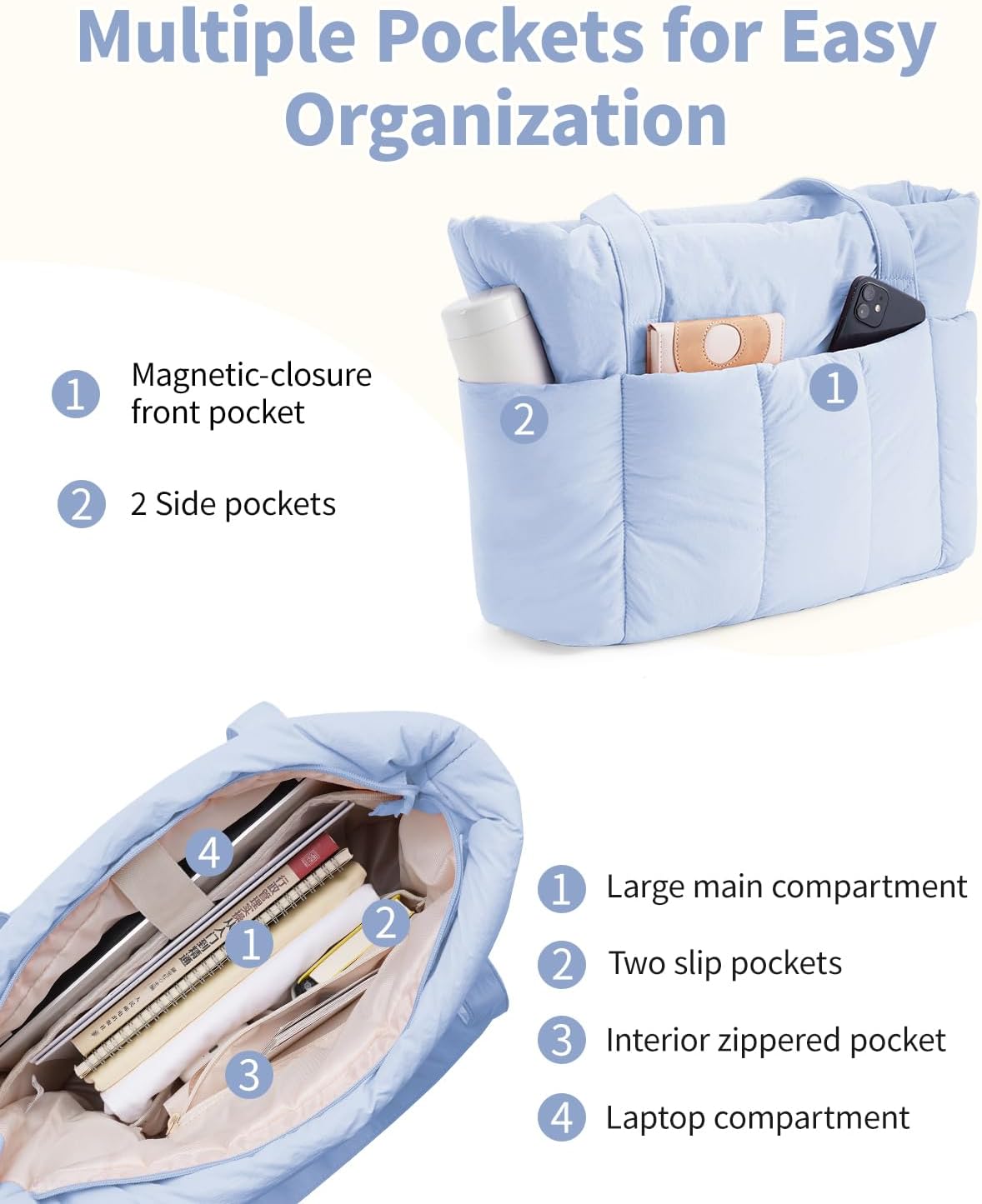 Puffer Tote Bag for Women Work with Laptop Compartment, Puffy Quilted Work Tote Bags for Travel Carry on Teacher Nurse
