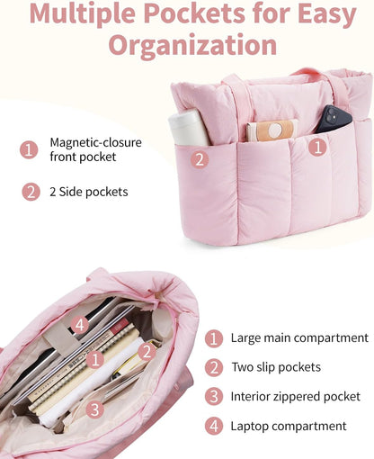 Puffer Tote Bag for Women Work with Laptop Compartment, Puffy Quilted Work Tote Bags for Travel Carry on Teacher Nurse
