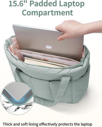 Puffer Tote Bag for Women Work with Laptop Compartment, Puffy Quilted Work Tote Bags for Travel Carry on Teacher Nurse