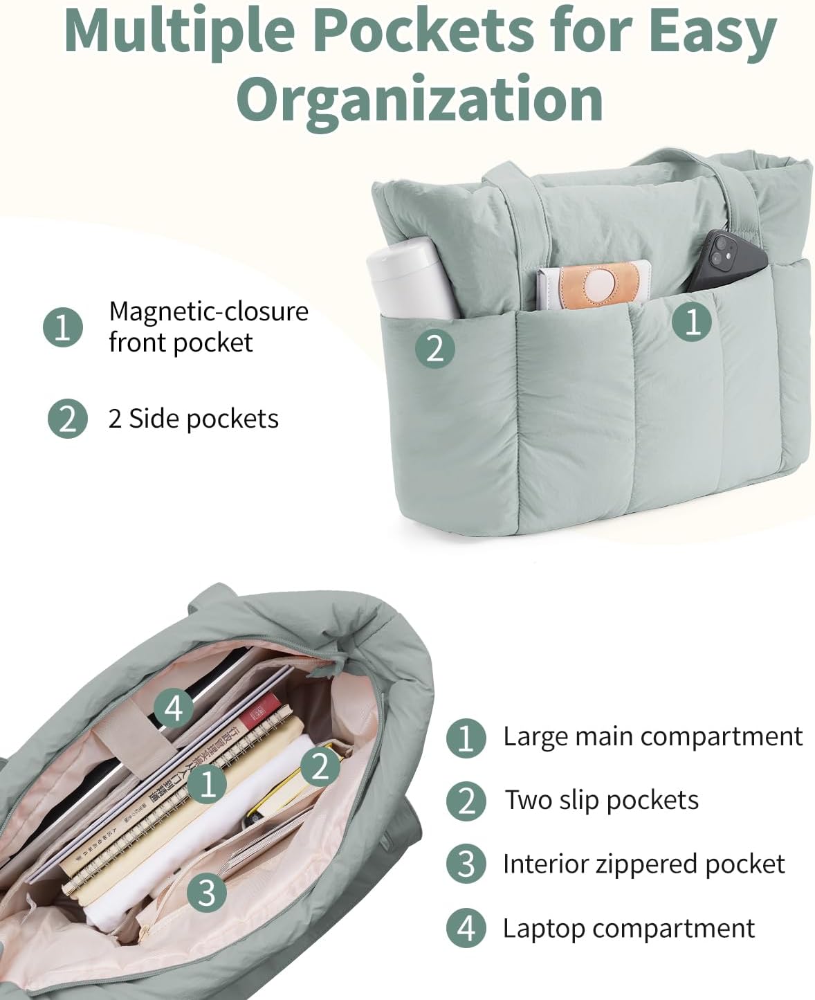 Puffer Tote Bag for Women Work with Laptop Compartment, Puffy Quilted Work Tote Bags for Travel Carry on Teacher Nurse