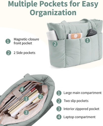 Puffer Tote Bag for Women Work with Laptop Compartment, Puffy Quilted Work Tote Bags for Travel Carry on Teacher Nurse